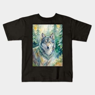 Wolf Animal Watercolor Painting Kids T-Shirt